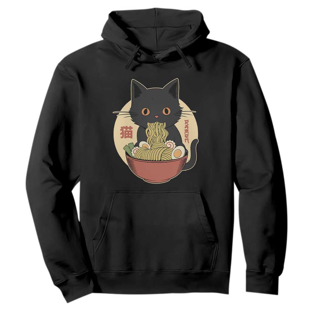 Kawaii Black Cat Eating Ramen Hoodie Funny Graphic Japanese Kawaii Anime Inspo TS02 Black Print Your Wear