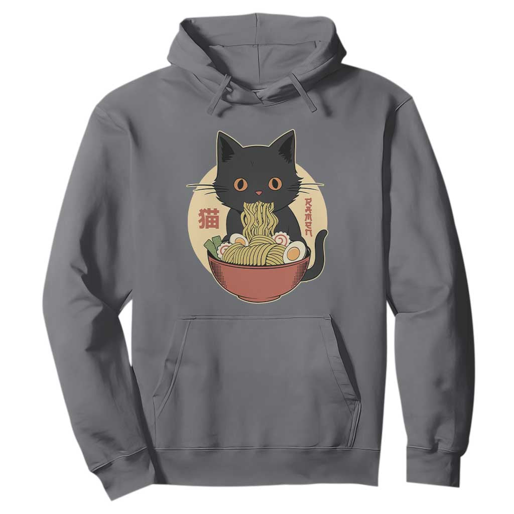 Kawaii Black Cat Eating Ramen Hoodie Funny Graphic Japanese Kawaii Anime Inspo TS02 Charcoal Print Your Wear