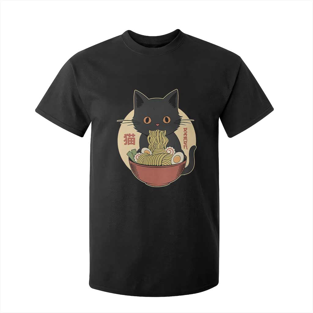 Kawaii Black Cat Eating Ramen T Shirt For Kid Funny Graphic Japanese Kawaii Anime Inspo TS02 Black Print Your Wear