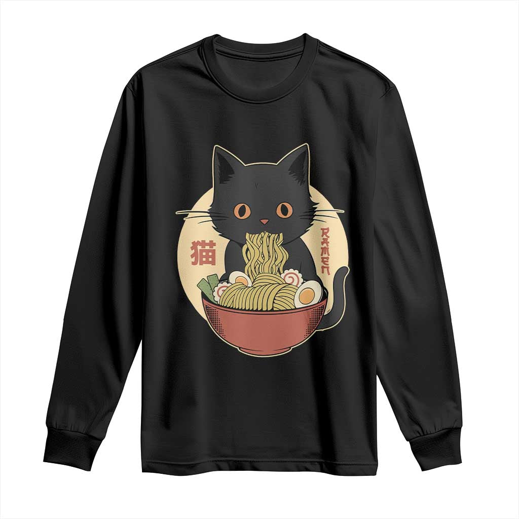 Kawaii Black Cat Eating Ramen Long Sleeve Shirt Funny Graphic Japanese Kawaii Anime Inspo TS02 Black Print Your Wear