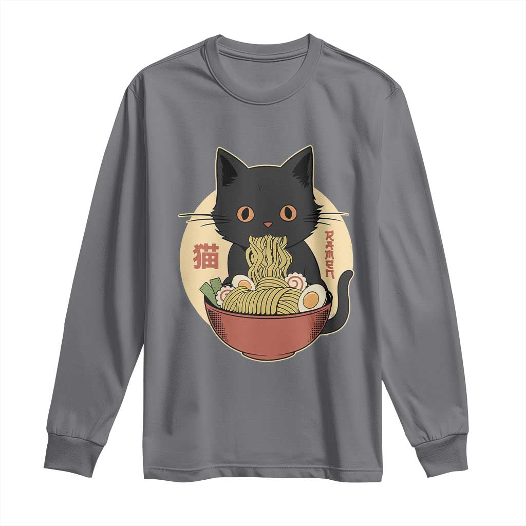 Kawaii Black Cat Eating Ramen Long Sleeve Shirt Funny Graphic Japanese Kawaii Anime Inspo TS02 Charcoal Print Your Wear