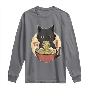 Kawaii Black Cat Eating Ramen Long Sleeve Shirt Funny Graphic Japanese Kawaii Anime Inspo TS02 Charcoal Print Your Wear