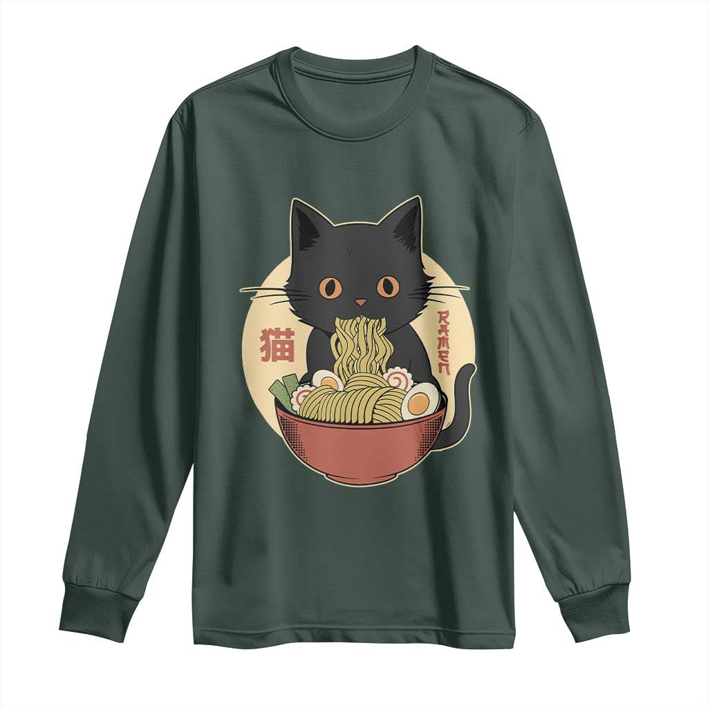 Kawaii Black Cat Eating Ramen Long Sleeve Shirt Funny Graphic Japanese Kawaii Anime Inspo TS02 Dark Forest Green Print Your Wear