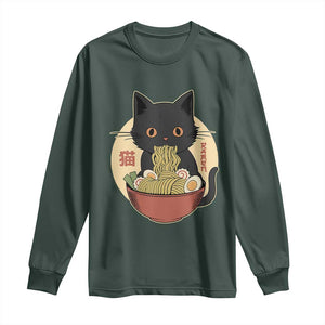Kawaii Black Cat Eating Ramen Long Sleeve Shirt Funny Graphic Japanese Kawaii Anime Inspo TS02 Dark Forest Green Print Your Wear