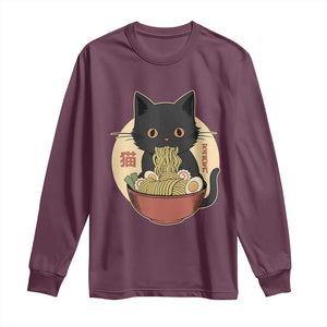 Kawaii Black Cat Eating Ramen Long Sleeve Shirt Funny Graphic Japanese Kawaii Anime Inspo TS02 Maroon Print Your Wear
