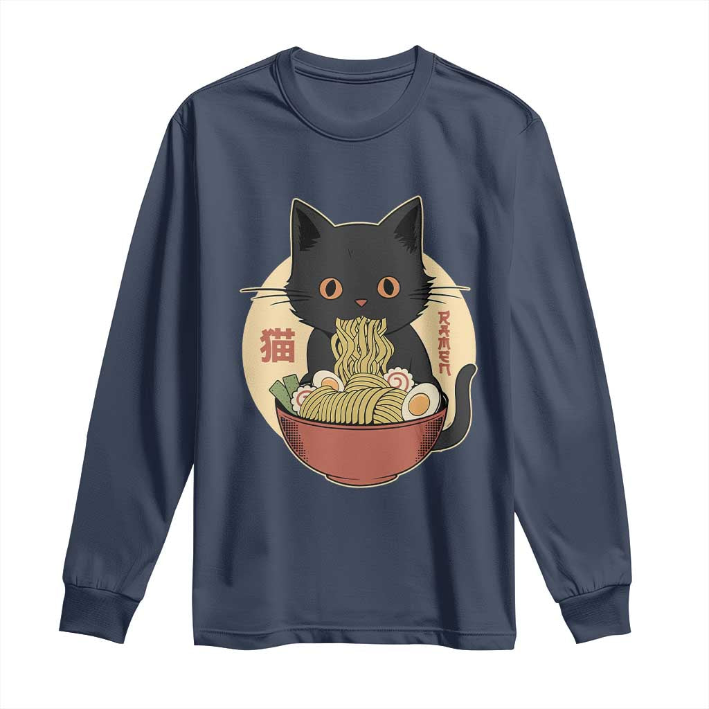 Kawaii Black Cat Eating Ramen Long Sleeve Shirt Funny Graphic Japanese Kawaii Anime Inspo TS02 Navy Print Your Wear