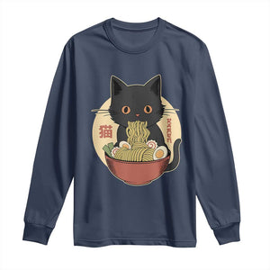 Kawaii Black Cat Eating Ramen Long Sleeve Shirt Funny Graphic Japanese Kawaii Anime Inspo TS02 Navy Print Your Wear