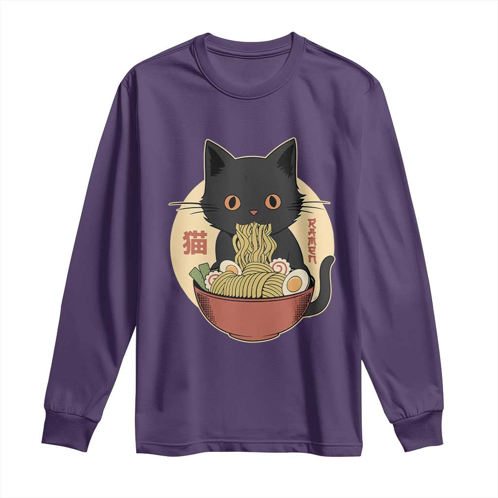 Kawaii Black Cat Eating Ramen Long Sleeve Shirt Funny Graphic Japanese Kawaii Anime Inspo TS02 Purple Print Your Wear