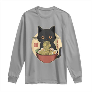 Kawaii Black Cat Eating Ramen Long Sleeve Shirt Funny Graphic Japanese Kawaii Anime Inspo TS02 Sport Gray Print Your Wear