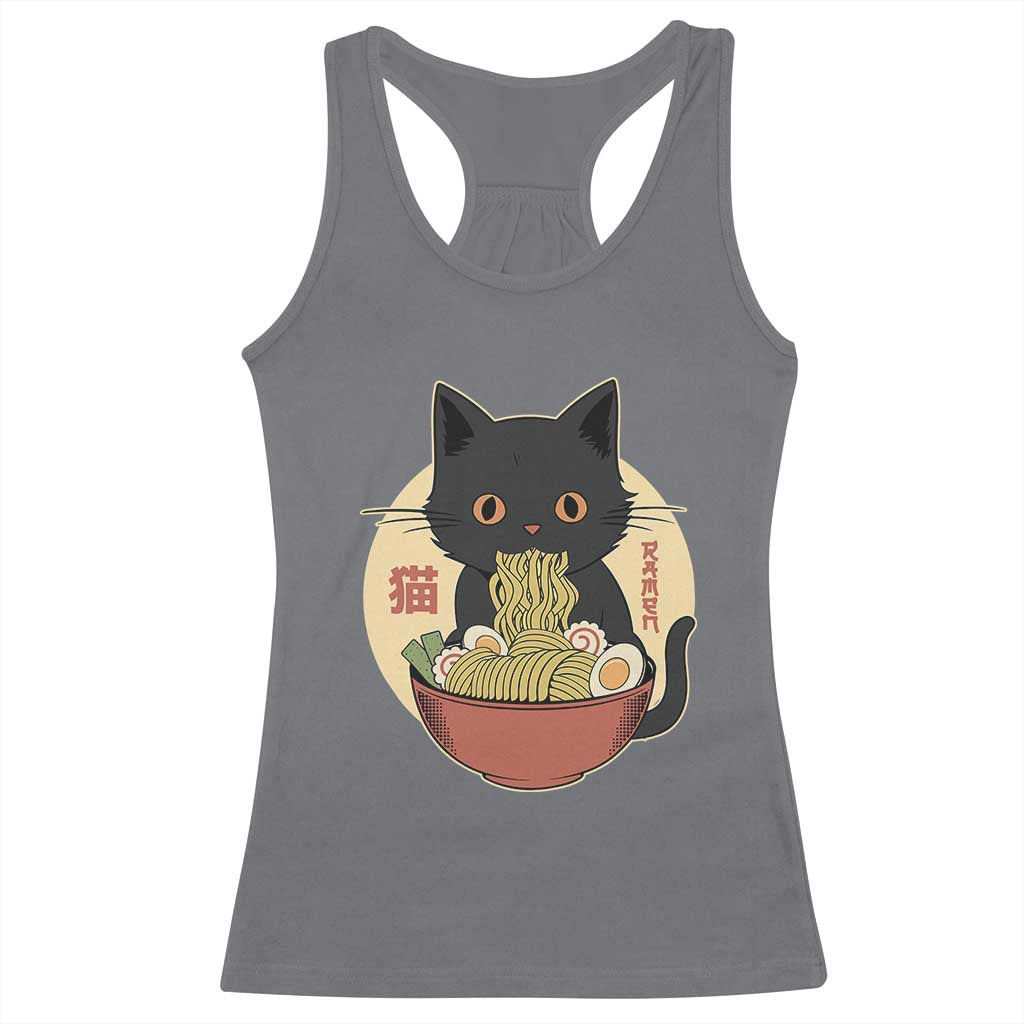 Kawaii Black Cat Eating Ramen Racerback Tank Top Funny Graphic Japanese Kawaii Anime Inspo TS02 Charcoal Print Your Wear