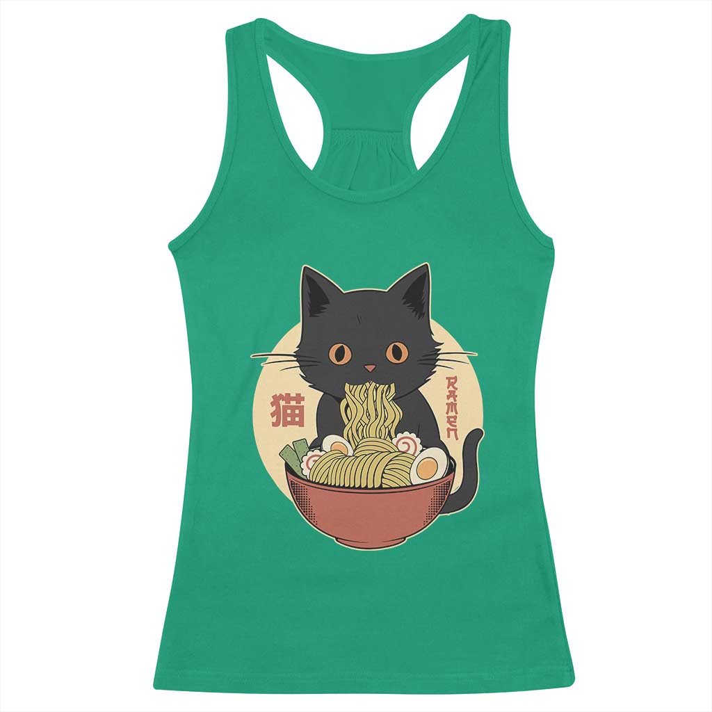 Kawaii Black Cat Eating Ramen Racerback Tank Top Funny Graphic Japanese Kawaii Anime Inspo TS02 Irish Green Print Your Wear