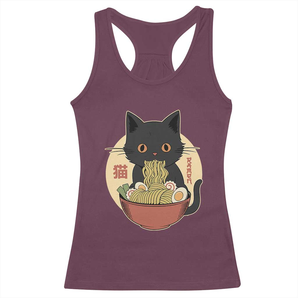 Kawaii Black Cat Eating Ramen Racerback Tank Top Funny Graphic Japanese Kawaii Anime Inspo TS02 Maroon Print Your Wear