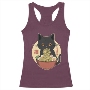 Kawaii Black Cat Eating Ramen Racerback Tank Top Funny Graphic Japanese Kawaii Anime Inspo TS02 Maroon Print Your Wear