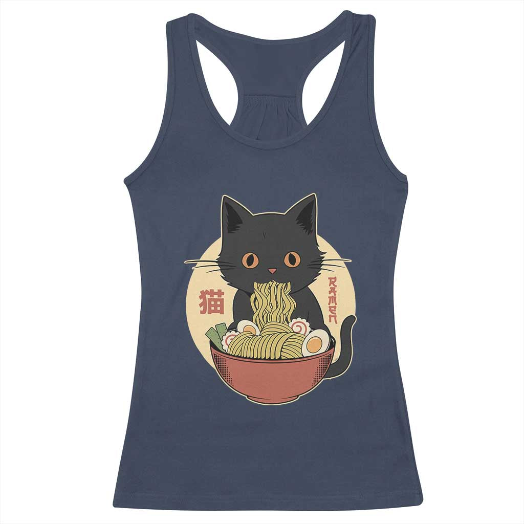 Kawaii Black Cat Eating Ramen Racerback Tank Top Funny Graphic Japanese Kawaii Anime Inspo TS02 Navy Print Your Wear