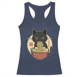 Kawaii Black Cat Eating Ramen Racerback Tank Top Funny Graphic Japanese Kawaii Anime Inspo TS02 Navy Print Your Wear