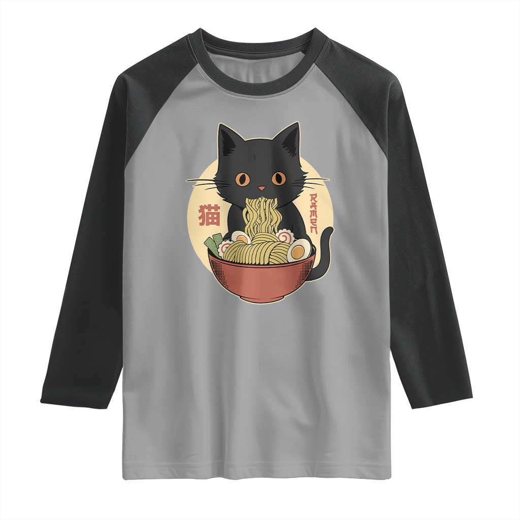 Kawaii Black Cat Eating Ramen Raglan Shirt Funny Graphic Japanese Kawaii Anime Inspo TS02 Sport Gray Black Print Your Wear