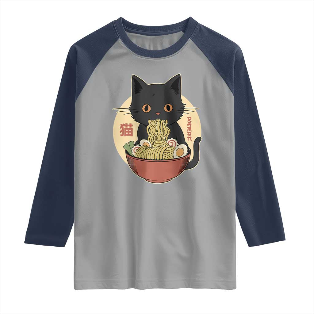 Kawaii Black Cat Eating Ramen Raglan Shirt Funny Graphic Japanese Kawaii Anime Inspo TS02 Sport Gray Navy Print Your Wear