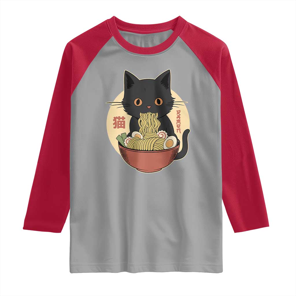 Kawaii Black Cat Eating Ramen Raglan Shirt Funny Graphic Japanese Kawaii Anime Inspo TS02 Sport Gray Red Print Your Wear
