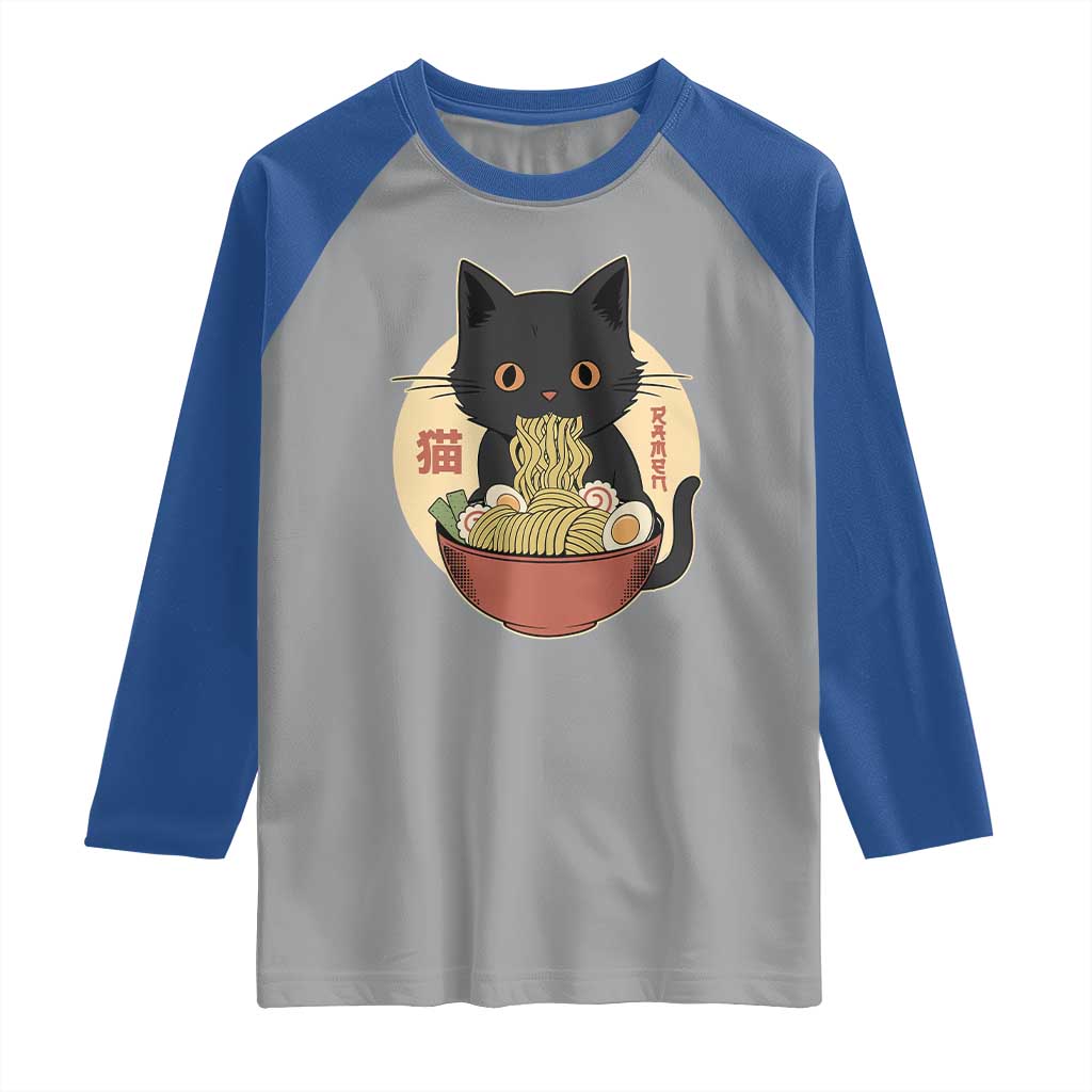 Kawaii Black Cat Eating Ramen Raglan Shirt Funny Graphic Japanese Kawaii Anime Inspo TS02 Sport Gray Royal Print Your Wear