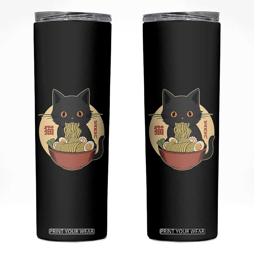 Kawaii Black Cat Eating Ramen Skinny Tumbler Funny Graphic Japanese Kawaii Anime Inspo TS02 Black Print Your Wear