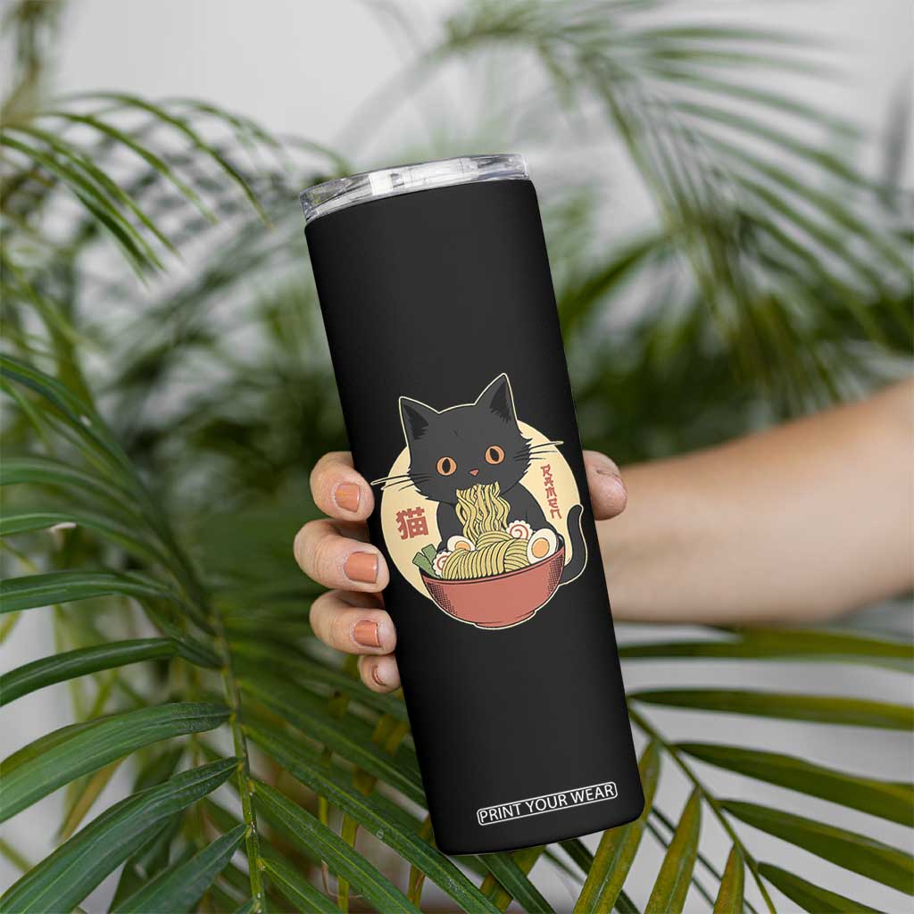 Kawaii Black Cat Eating Ramen Skinny Tumbler Funny Graphic Japanese Kawaii Anime Inspo TS02 Print Your Wear
