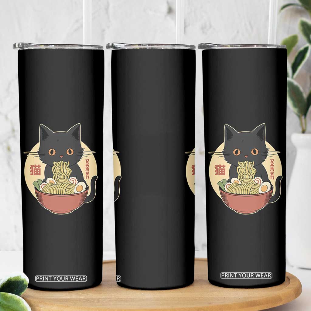 Kawaii Black Cat Eating Ramen Skinny Tumbler Funny Graphic Japanese Kawaii Anime Inspo TS02 Print Your Wear