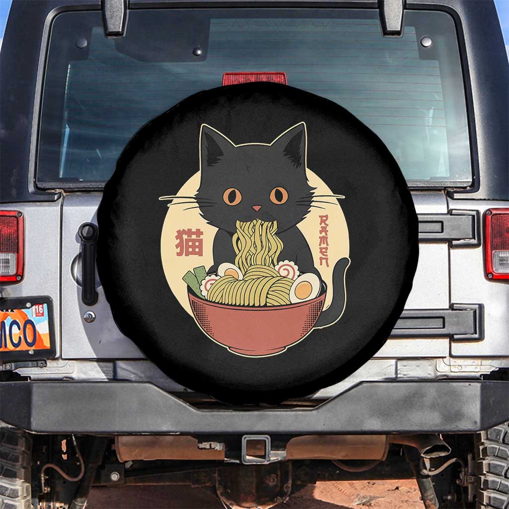 Kawaii Black Cat Eating Ramen Spare Tire Cover Funny Graphic Japanese Kawaii Anime Inspo TS02 No hole Black Print Your Wear