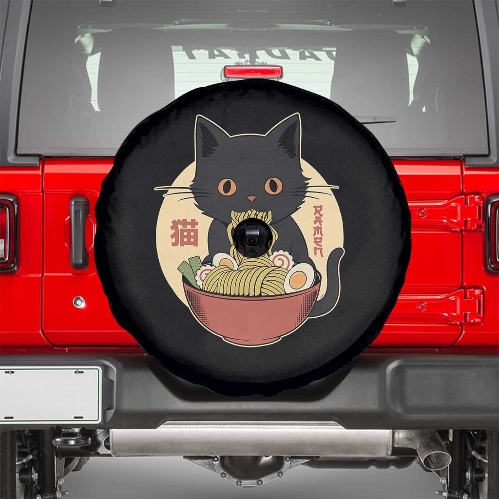 Kawaii Black Cat Eating Ramen Spare Tire Cover Funny Graphic Japanese Kawaii Anime Inspo TS02 Black Print Your Wear