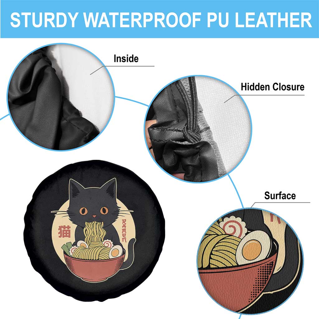 Kawaii Black Cat Eating Ramen Spare Tire Cover Funny Graphic Japanese Kawaii Anime Inspo TS02 Print Your Wear