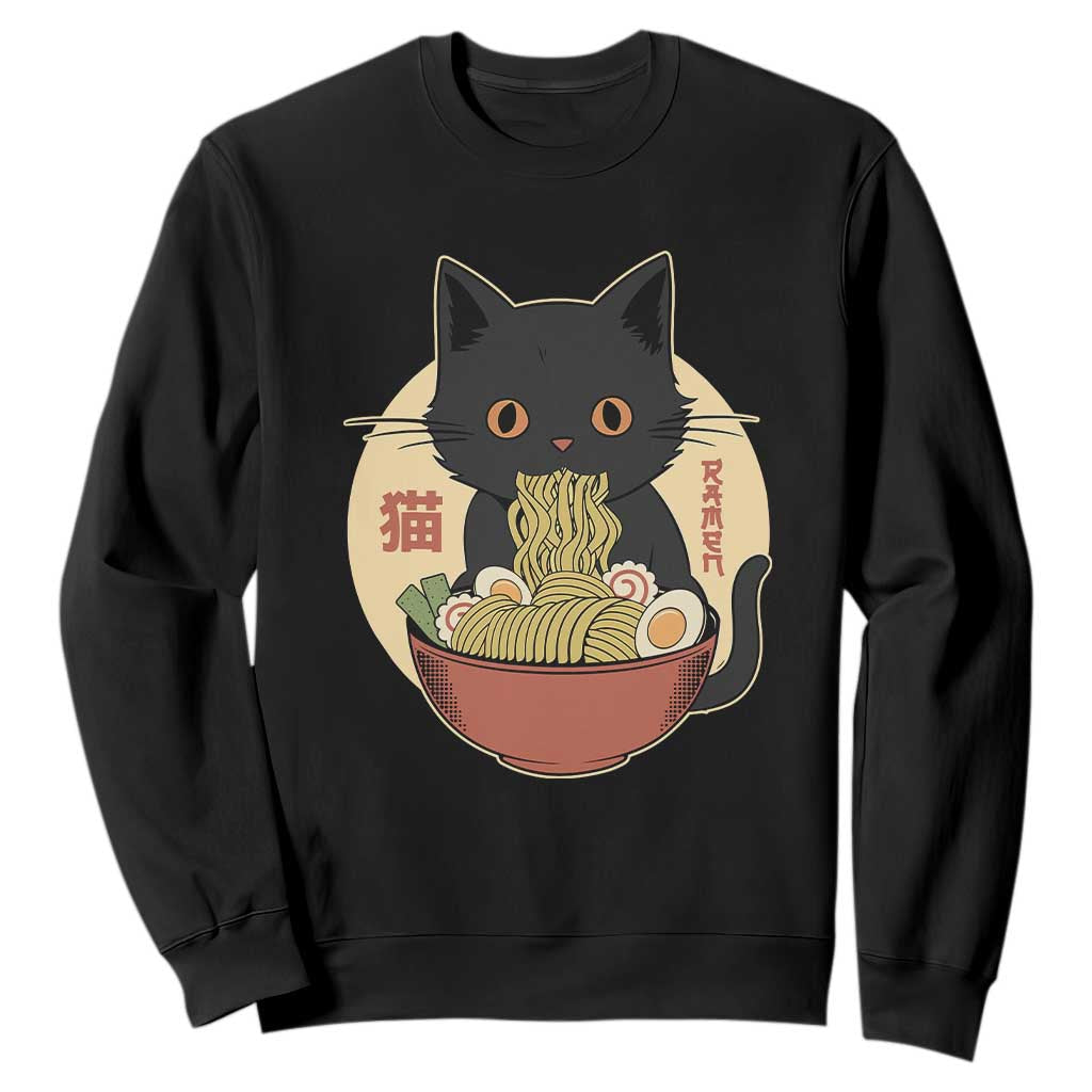 Kawaii Black Cat Eating Ramen Sweatshirt Funny Graphic Japanese Kawaii Anime Inspo TS02 Black Print Your Wear
