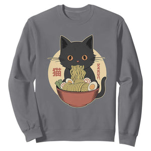 Kawaii Black Cat Eating Ramen Sweatshirt Funny Graphic Japanese Kawaii Anime Inspo TS02 Charcoal Print Your Wear