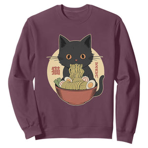 Kawaii Black Cat Eating Ramen Sweatshirt Funny Graphic Japanese Kawaii Anime Inspo TS02 Maroon Print Your Wear