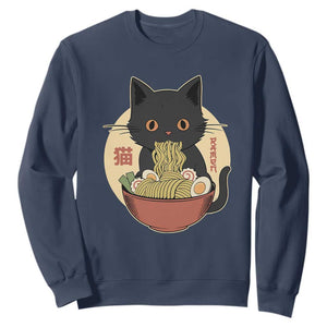 Kawaii Black Cat Eating Ramen Sweatshirt Funny Graphic Japanese Kawaii Anime Inspo TS02 Navy Print Your Wear