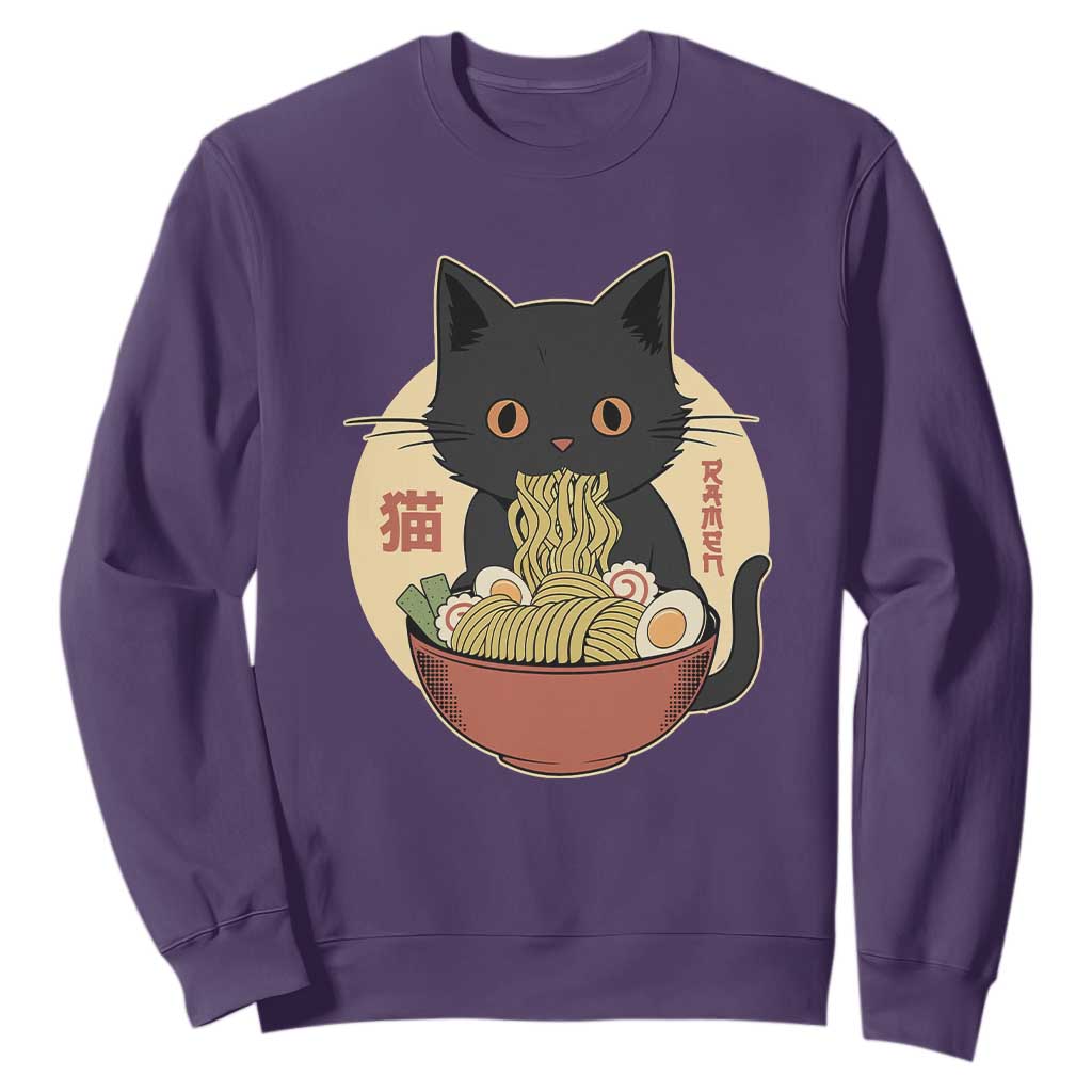 Kawaii Black Cat Eating Ramen Sweatshirt Funny Graphic Japanese Kawaii Anime Inspo TS02 Purple Print Your Wear