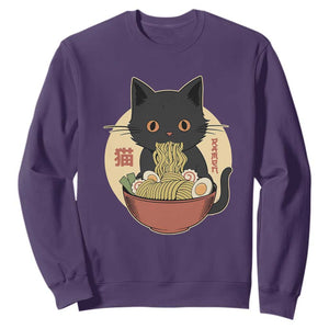 Kawaii Black Cat Eating Ramen Sweatshirt Funny Graphic Japanese Kawaii Anime Inspo TS02 Purple Print Your Wear