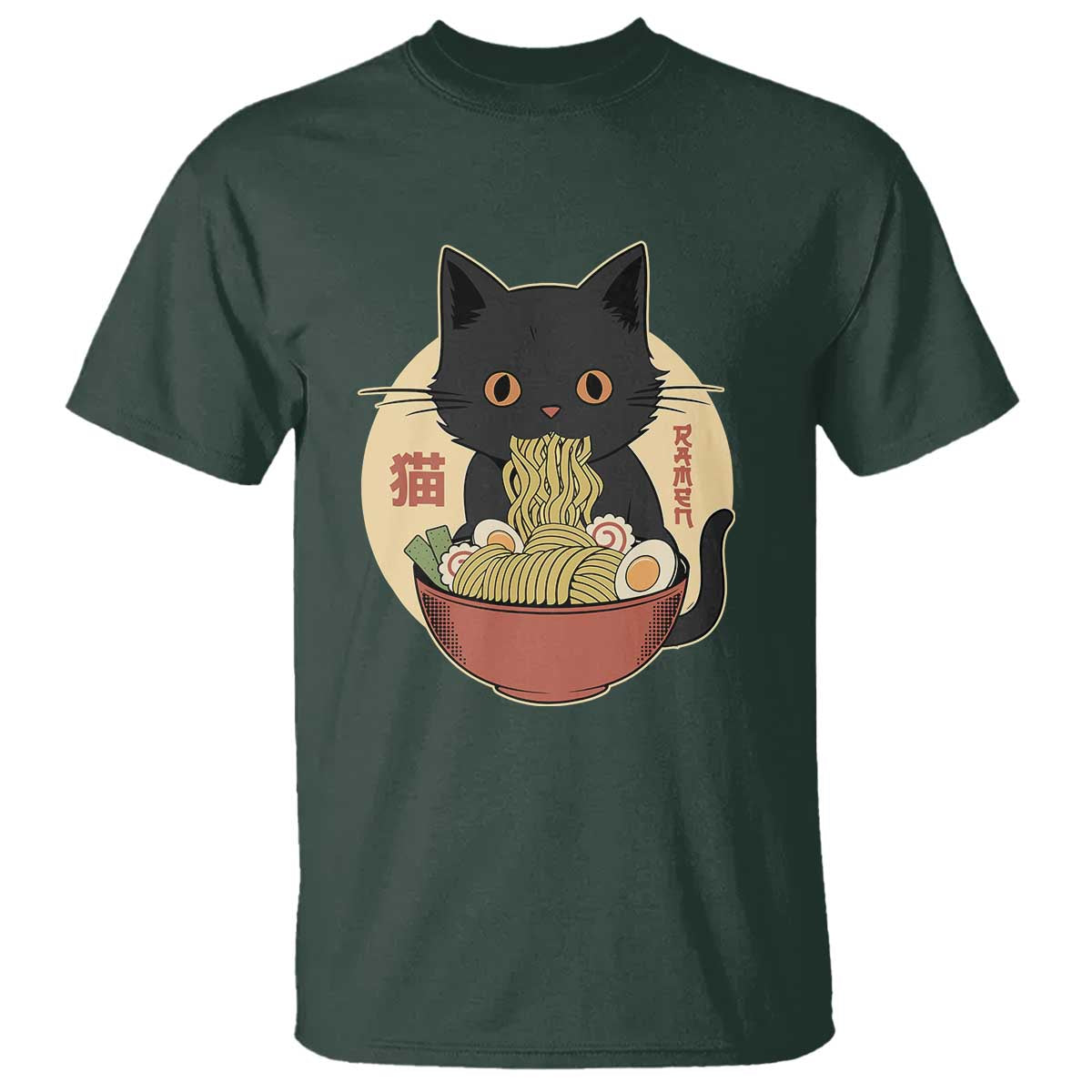 Kawaii Black Cat Eating Ramen T Shirt Funny Graphic Japanese Kawaii Anime Inspo TS02 Dark Forest Green Print Your Wear