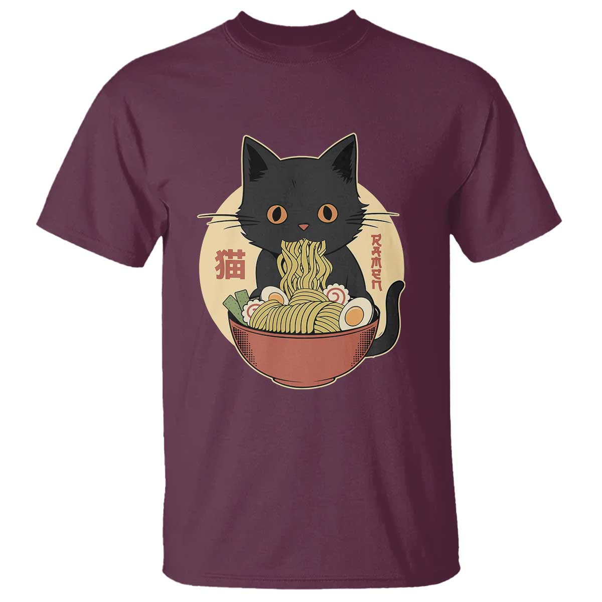 Kawaii Black Cat Eating Ramen T Shirt Funny Graphic Japanese Kawaii Anime Inspo TS02 Maroon Print Your Wear