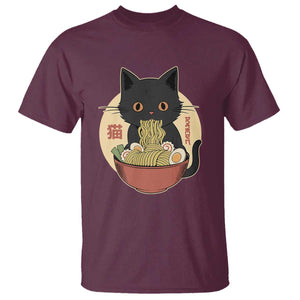 Kawaii Black Cat Eating Ramen T Shirt Funny Graphic Japanese Kawaii Anime Inspo TS02 Maroon Print Your Wear