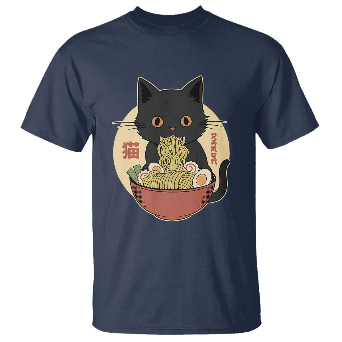 Kawaii Black Cat Eating Ramen T Shirt Funny Graphic Japanese Kawaii Anime Inspo TS02 Navy Print Your Wear
