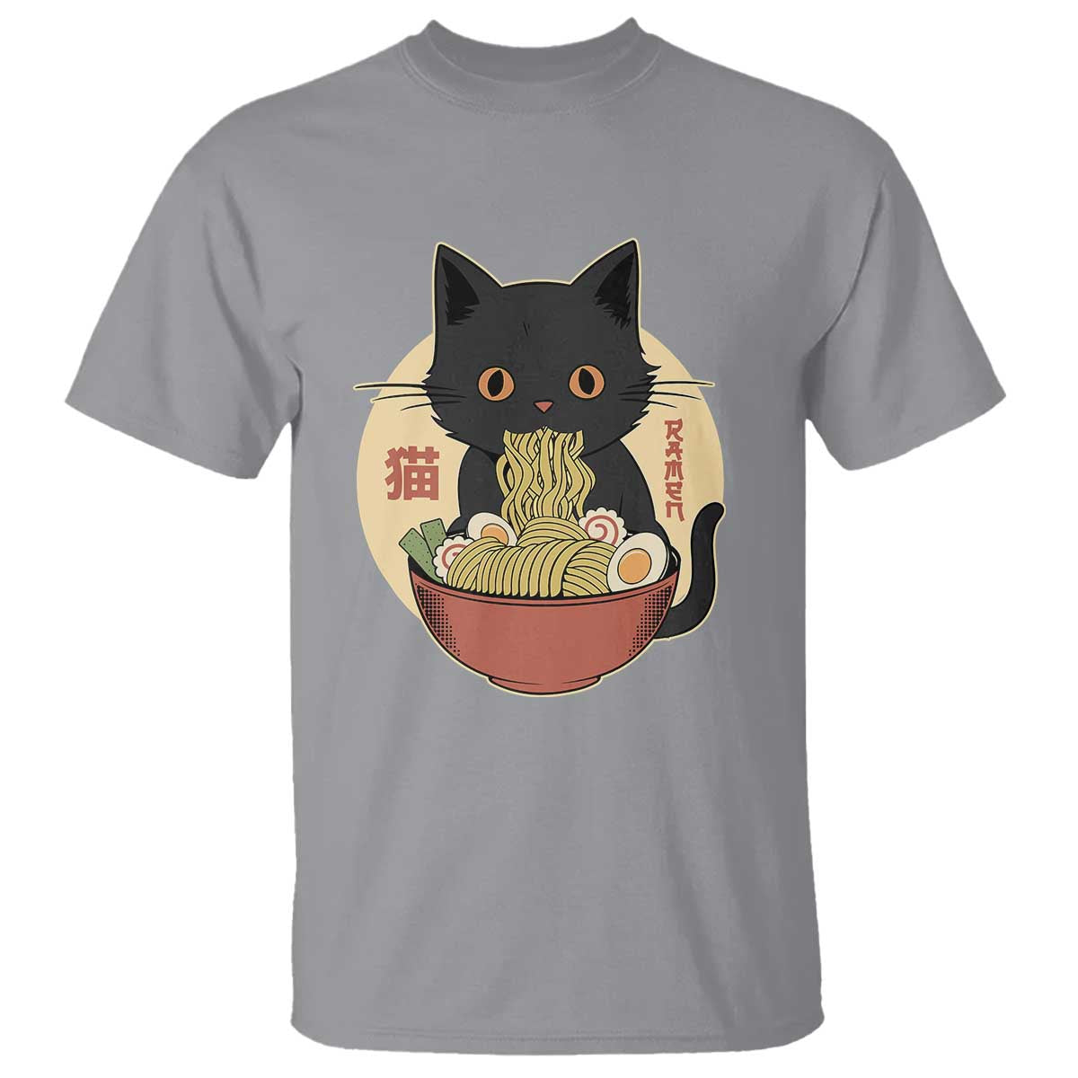 Kawaii Black Cat Eating Ramen T Shirt Funny Graphic Japanese Kawaii Anime Inspo TS02 Sport Gray Print Your Wear
