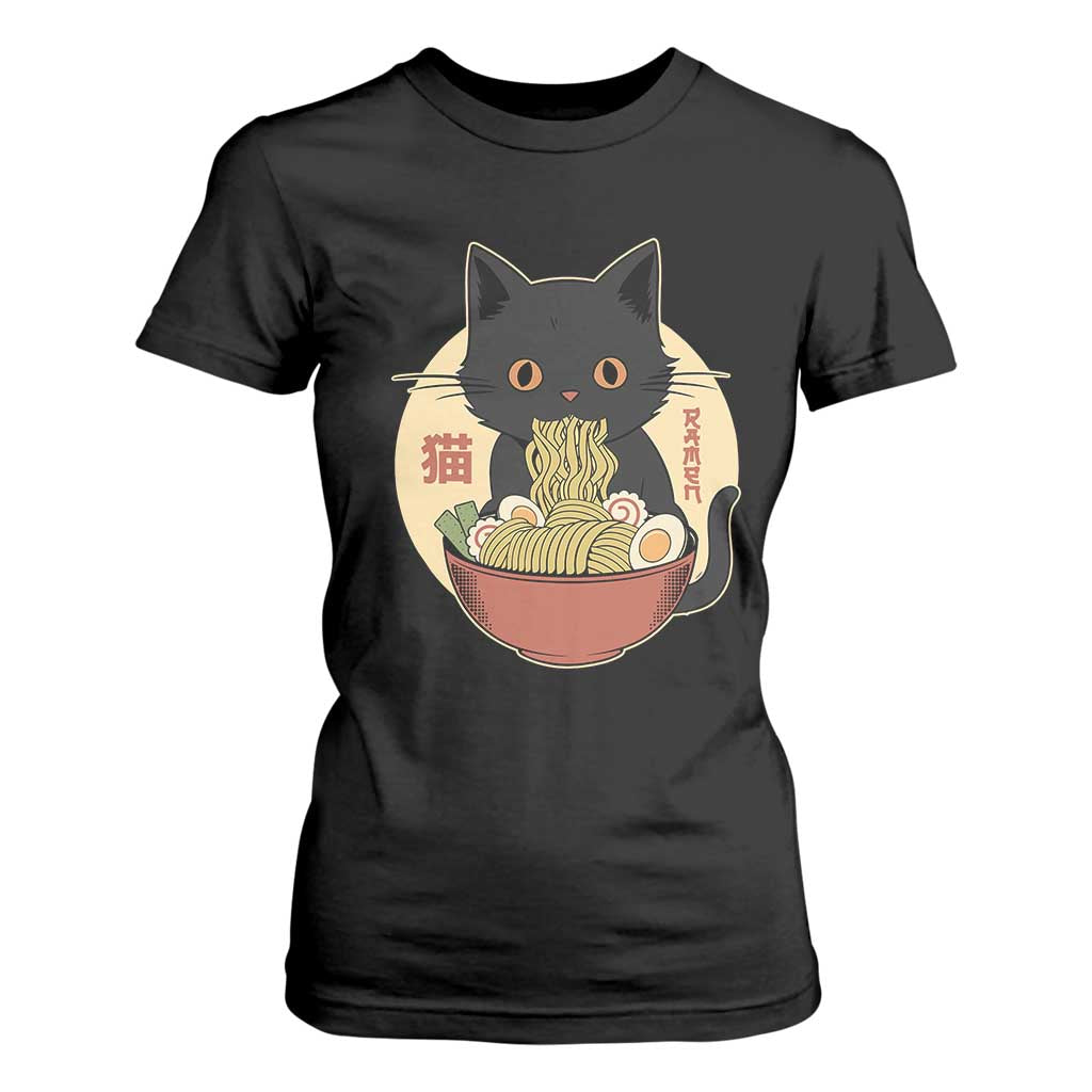 Kawaii Black Cat Eating Ramen T Shirt For Women Funny Graphic Japanese Kawaii Anime Inspo TS02 Black Print Your Wear
