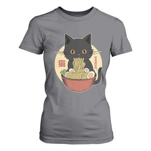 Kawaii Black Cat Eating Ramen T Shirt For Women Funny Graphic Japanese Kawaii Anime Inspo TS02 Charcoal Print Your Wear