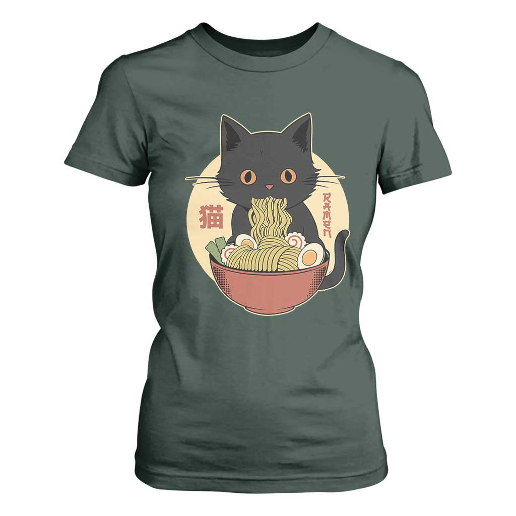 Kawaii Black Cat Eating Ramen T Shirt For Women Funny Graphic Japanese Kawaii Anime Inspo TS02 Dark Forest Green Print Your Wear