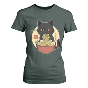 Kawaii Black Cat Eating Ramen T Shirt For Women Funny Graphic Japanese Kawaii Anime Inspo TS02 Dark Forest Green Print Your Wear