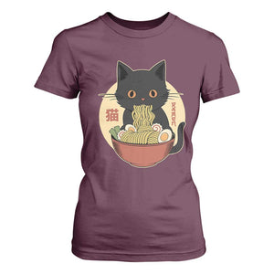 Kawaii Black Cat Eating Ramen T Shirt For Women Funny Graphic Japanese Kawaii Anime Inspo TS02 Maroon Print Your Wear
