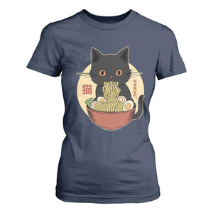 Kawaii Black Cat Eating Ramen T Shirt For Women Funny Graphic Japanese Kawaii Anime Inspo TS02 Navy Print Your Wear