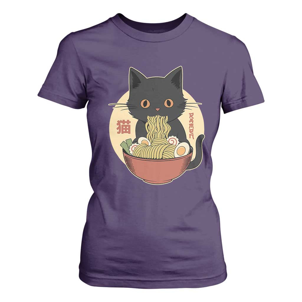Kawaii Black Cat Eating Ramen T Shirt For Women Funny Graphic Japanese Kawaii Anime Inspo TS02 Purple Print Your Wear