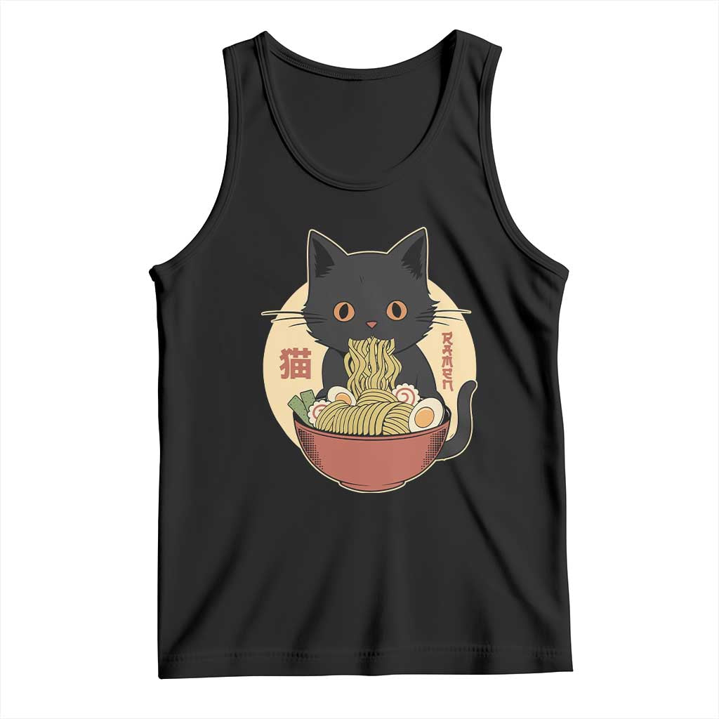 Kawaii Black Cat Eating Ramen Tank Top Funny Graphic Japanese Kawaii Anime Inspo TS02 Black Print Your Wear