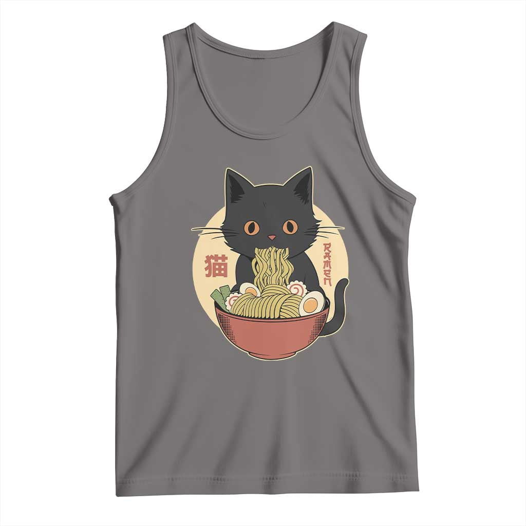 Kawaii Black Cat Eating Ramen Tank Top Funny Graphic Japanese Kawaii Anime Inspo TS02 Deep Heather Print Your Wear