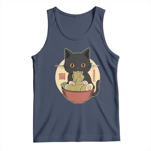 Kawaii Black Cat Eating Ramen Tank Top Funny Graphic Japanese Kawaii Anime Inspo TS02 Navy Print Your Wear